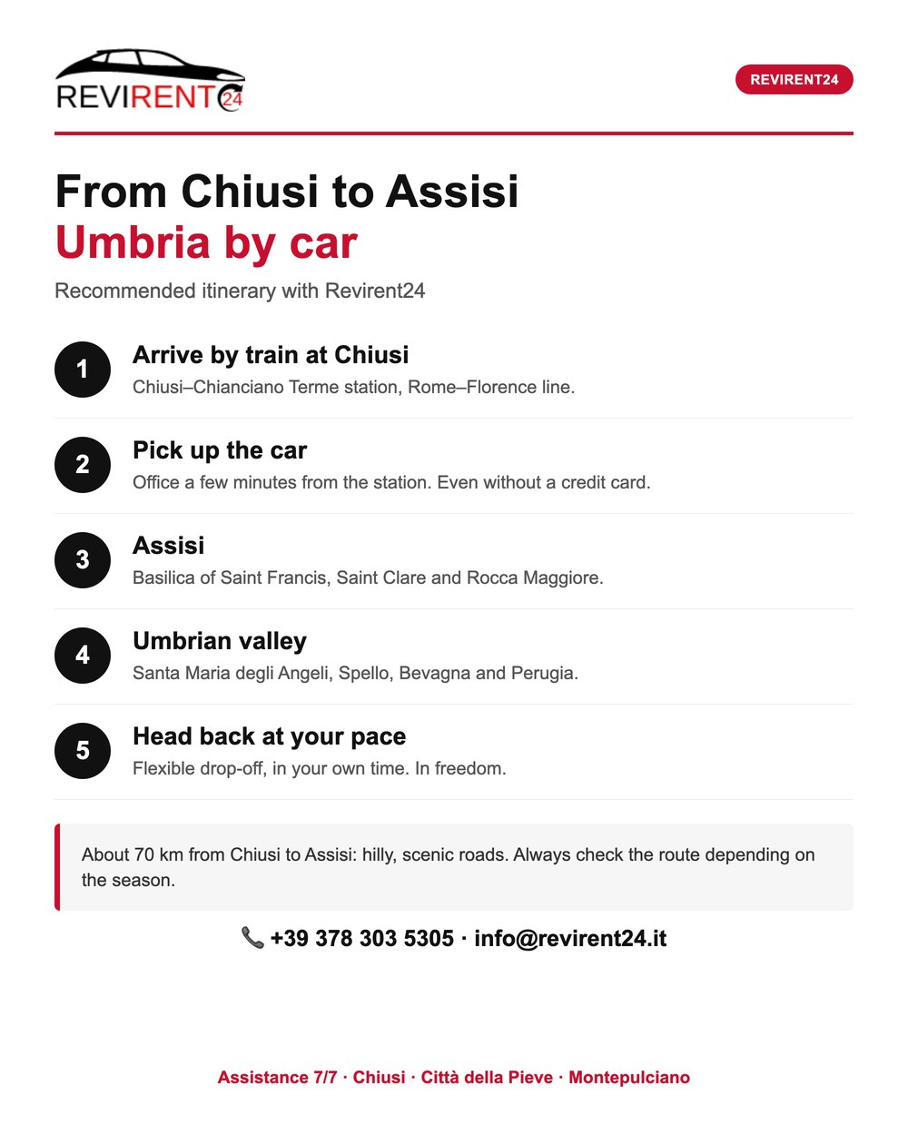 Infographic: driving itinerary in Assisi and the Umbrian valley starting from Chiusi station with Revirent24