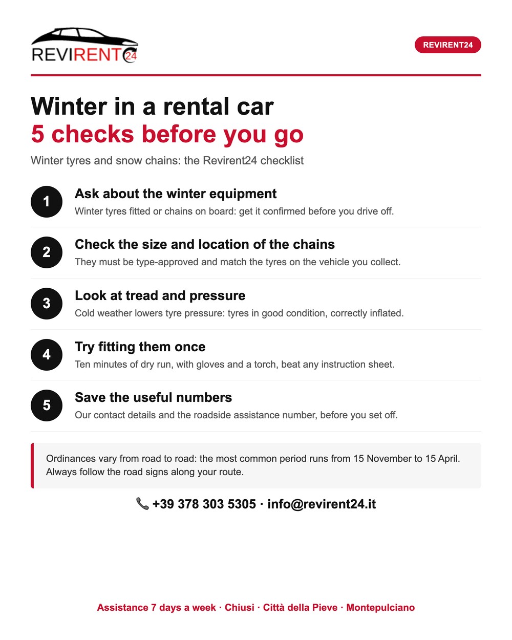 Infographic: five checks to make before setting off in winter with a Revirent24 rental car