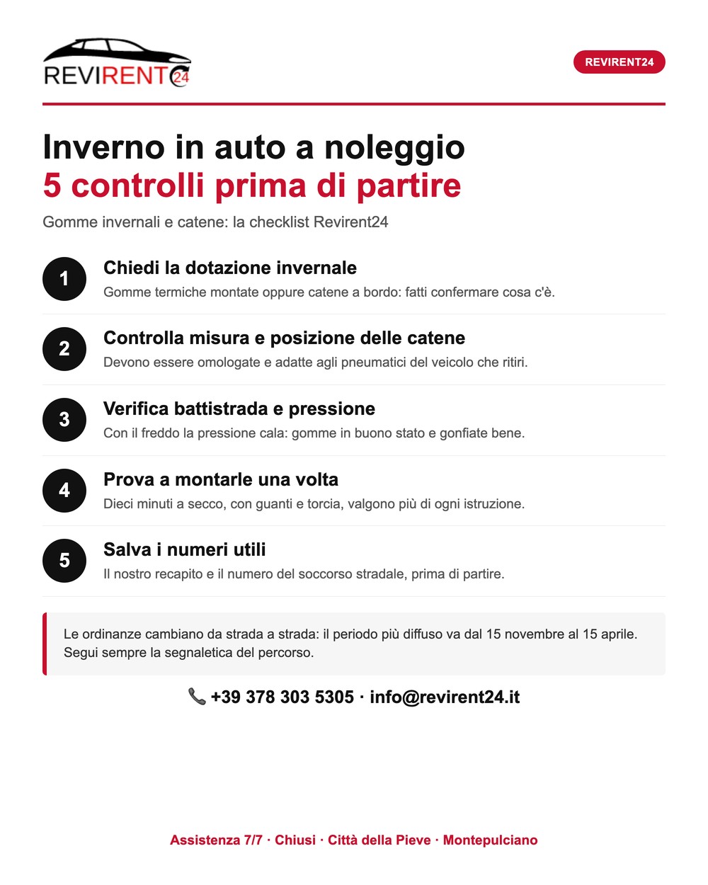 Infografica: cinque controlli da fare prima di partire in inverno con un'auto a noleggio Revirent24