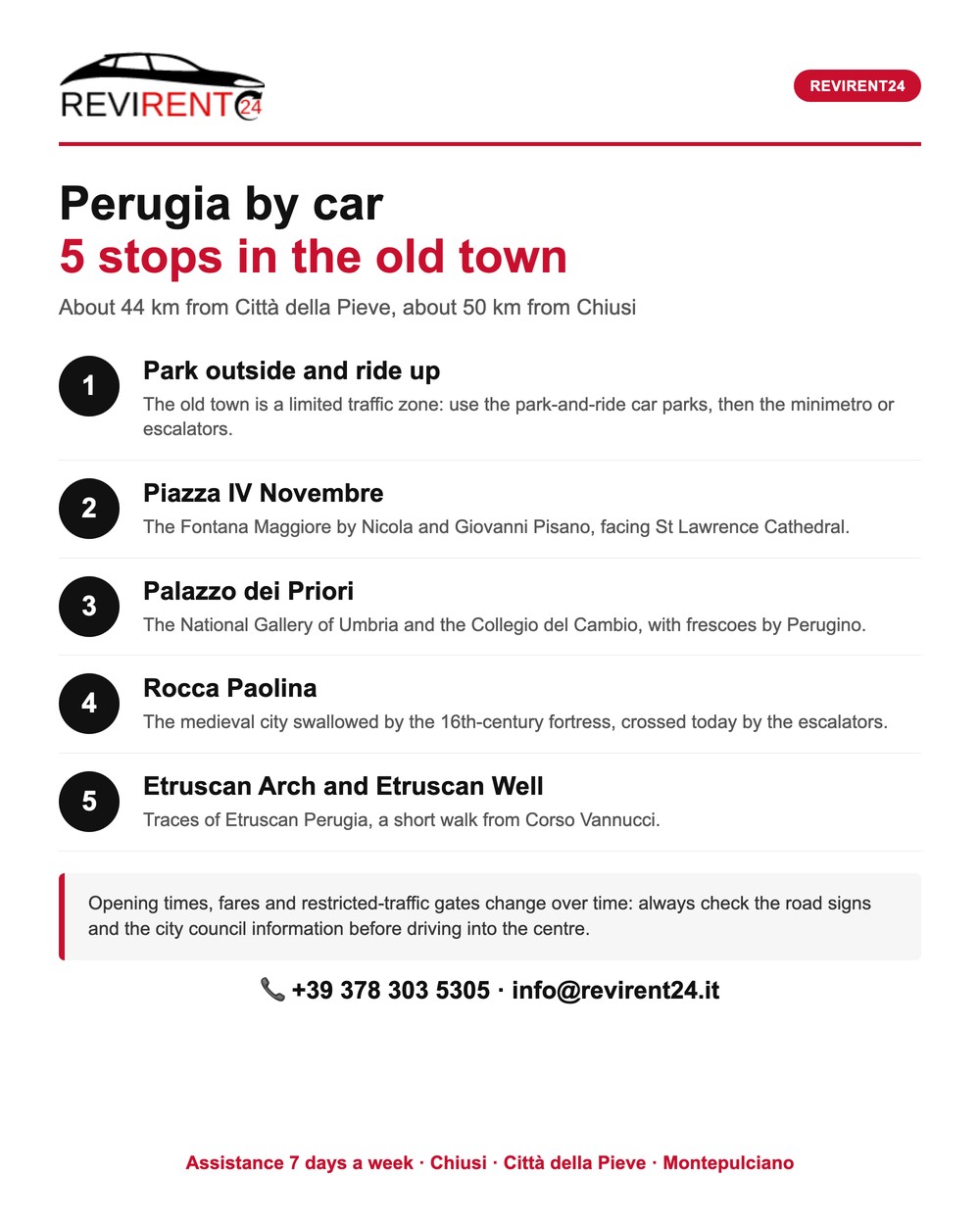 Revirent24 infographic: Perugia by car, five stops in the old town starting from Chiusi and Citta della Pieve