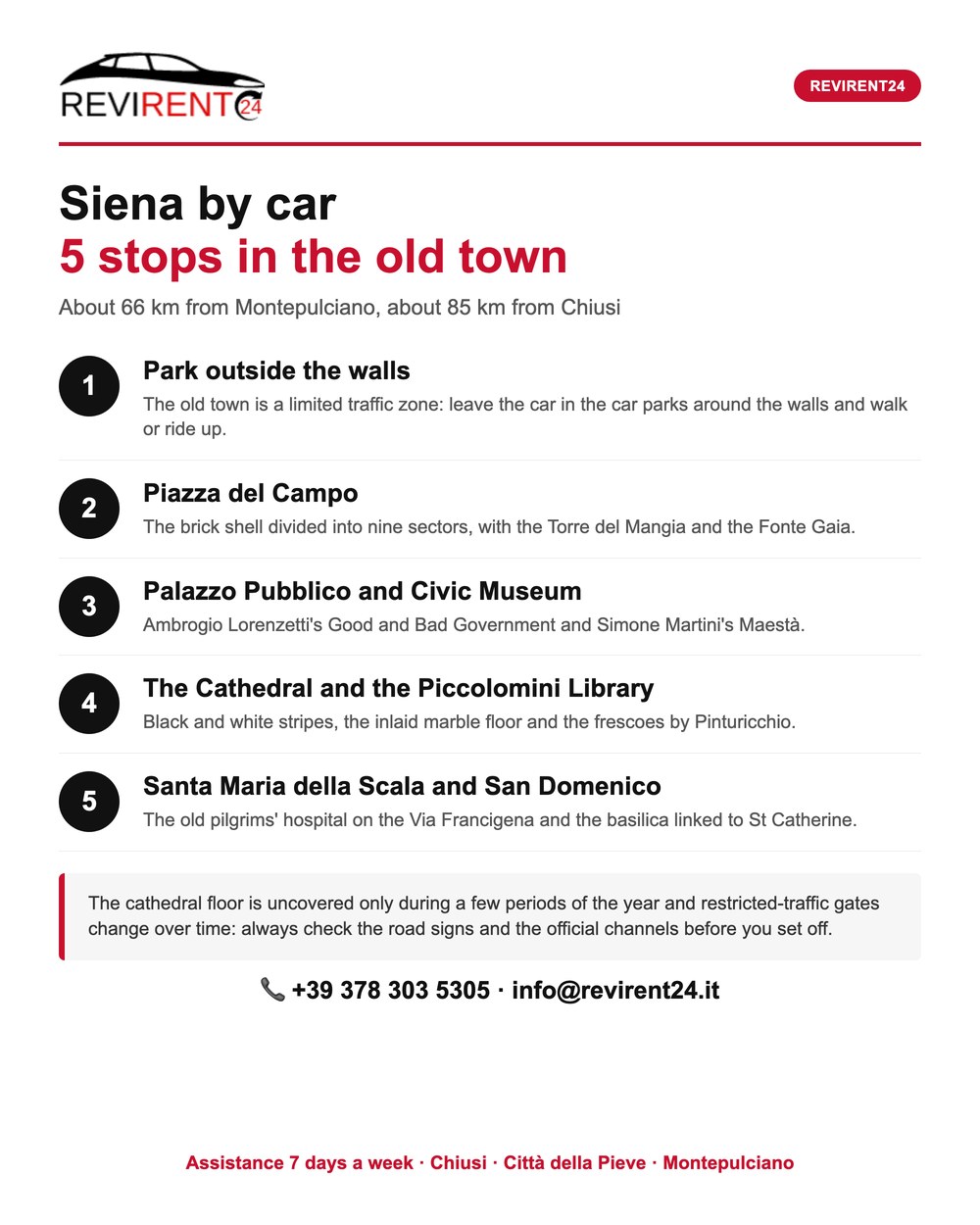 Revirent24 infographic: Siena by car, five stops in the old town starting from Chiusi and Montepulciano