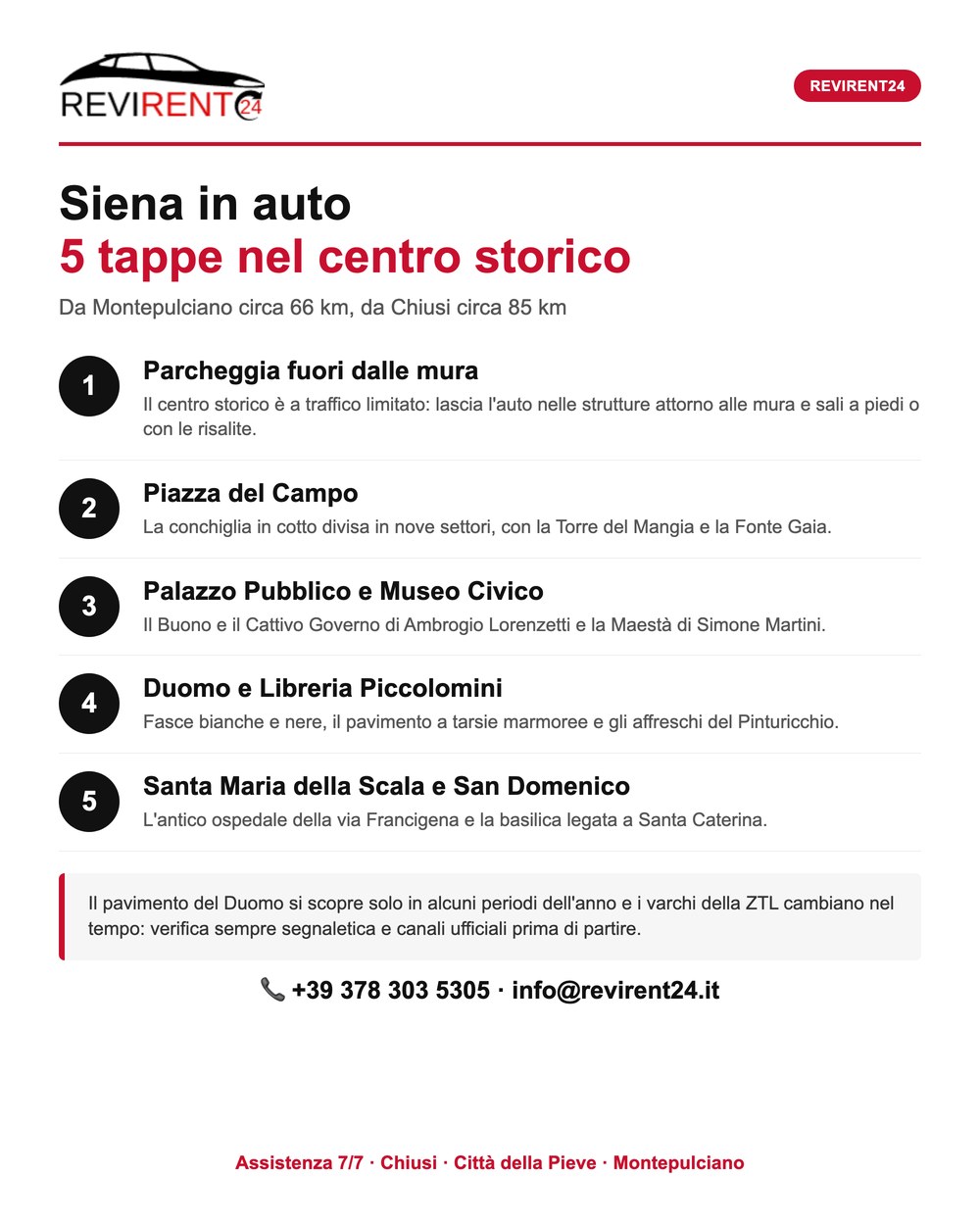 Infografica Revirent24: Siena in auto, cinque tappe nel centro storico partendo da Chiusi e Montepulciano